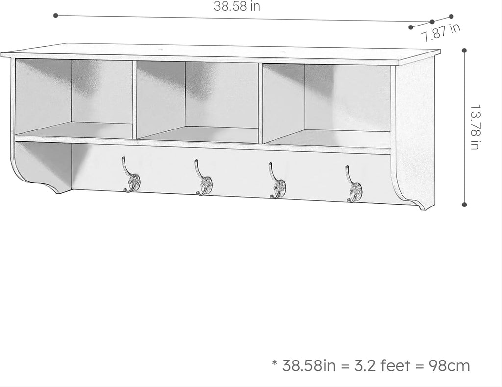 38.6" Contemporary Wall Mounted Coat Rack with Shelf, Entryway Hanging Coat Rack with 3 Shelves, Wall Shelf with 4 Dual Hooks for Hallway, Living Room, Bedroom (White)