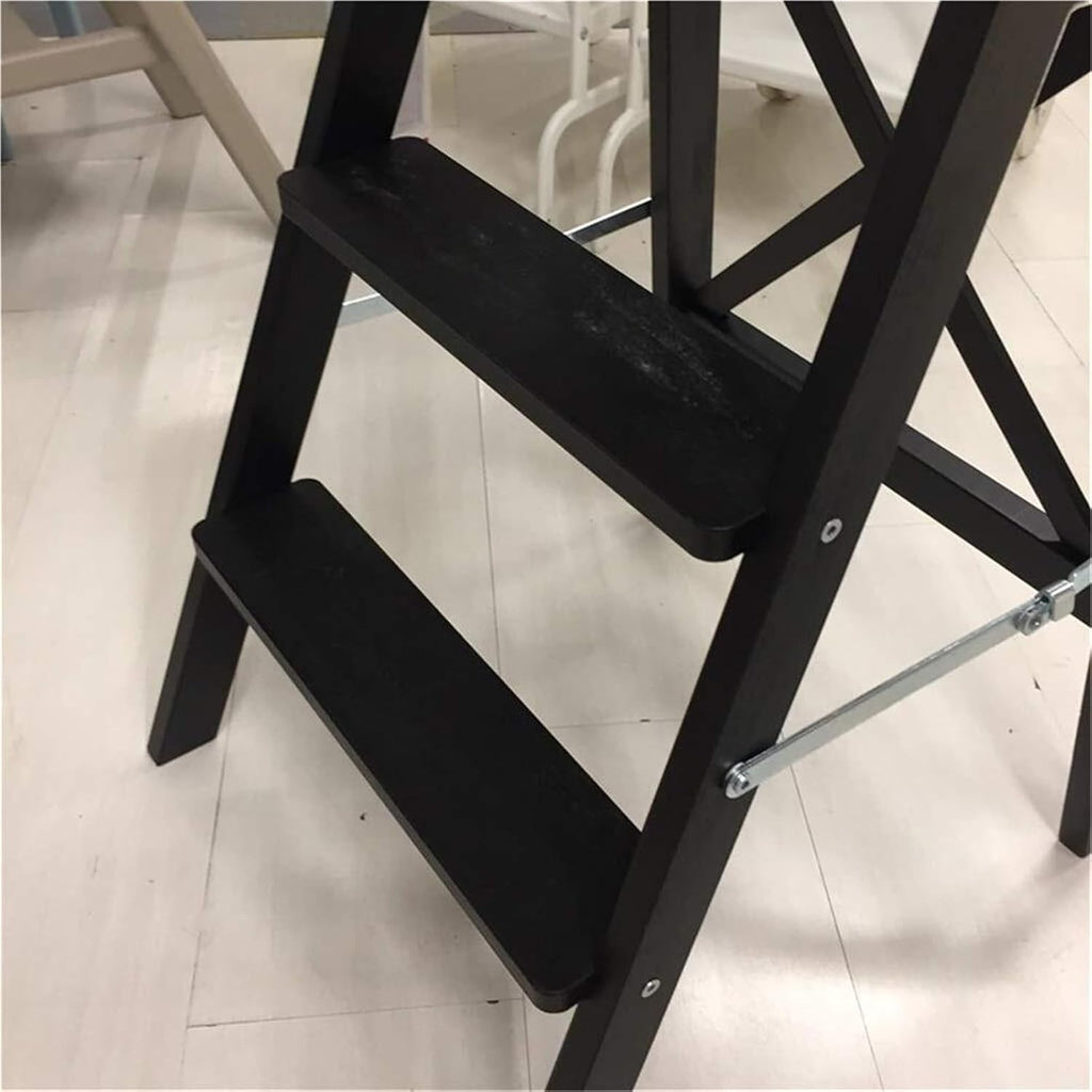 Step Stool 3-Step Black Wood Folding Stepladder & Step Stool - Lightweight Anti-Slip Pedal Design for Home Kitchen - 300 lb Capacity