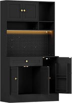 YOURLITE LED Pantry Cabinets with Pegboard, Kitchen Pantry Storage Cabinet with Outlet & Microwave Stand, Kitchen Hutch Coffee Bar with 5 Hooks and Adjustable Shelf, Black