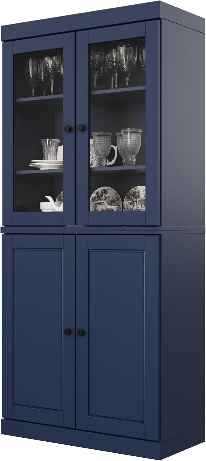Palace Imports 100% Solid Wood 32"" Pantry Cabinet with Raised Panel, Clear Glass Doors & Adjustable Shelves