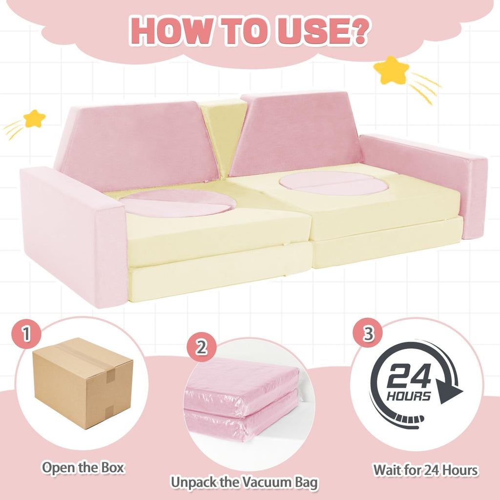 15pcs Modular Kids Play Couch Set Children Section Sofa Kids Convertible Toddler Couch for Children Bedroom Playroom Living Room (Pink+White)