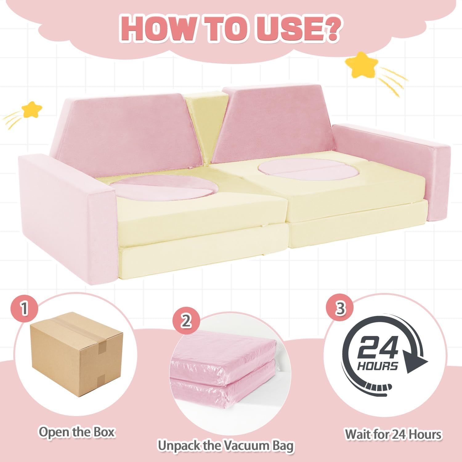 15pcs Modular Kids Play Couch Set Children Section Sofa Kids Convertible Toddler Couch for Children Bedroom Playroom Living Room (Pink+White)