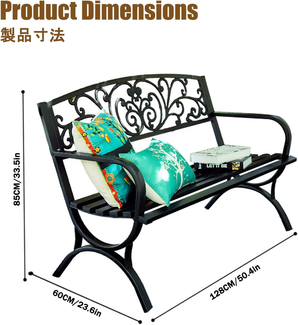 Garden Benches for Outdoors, Patio Benches for Outdoors, Crafted from Wrought Iron, It is Suitable for Use in Parks, Courtyards, and Porches.(Black,Cross-Shaped seat Cushion)