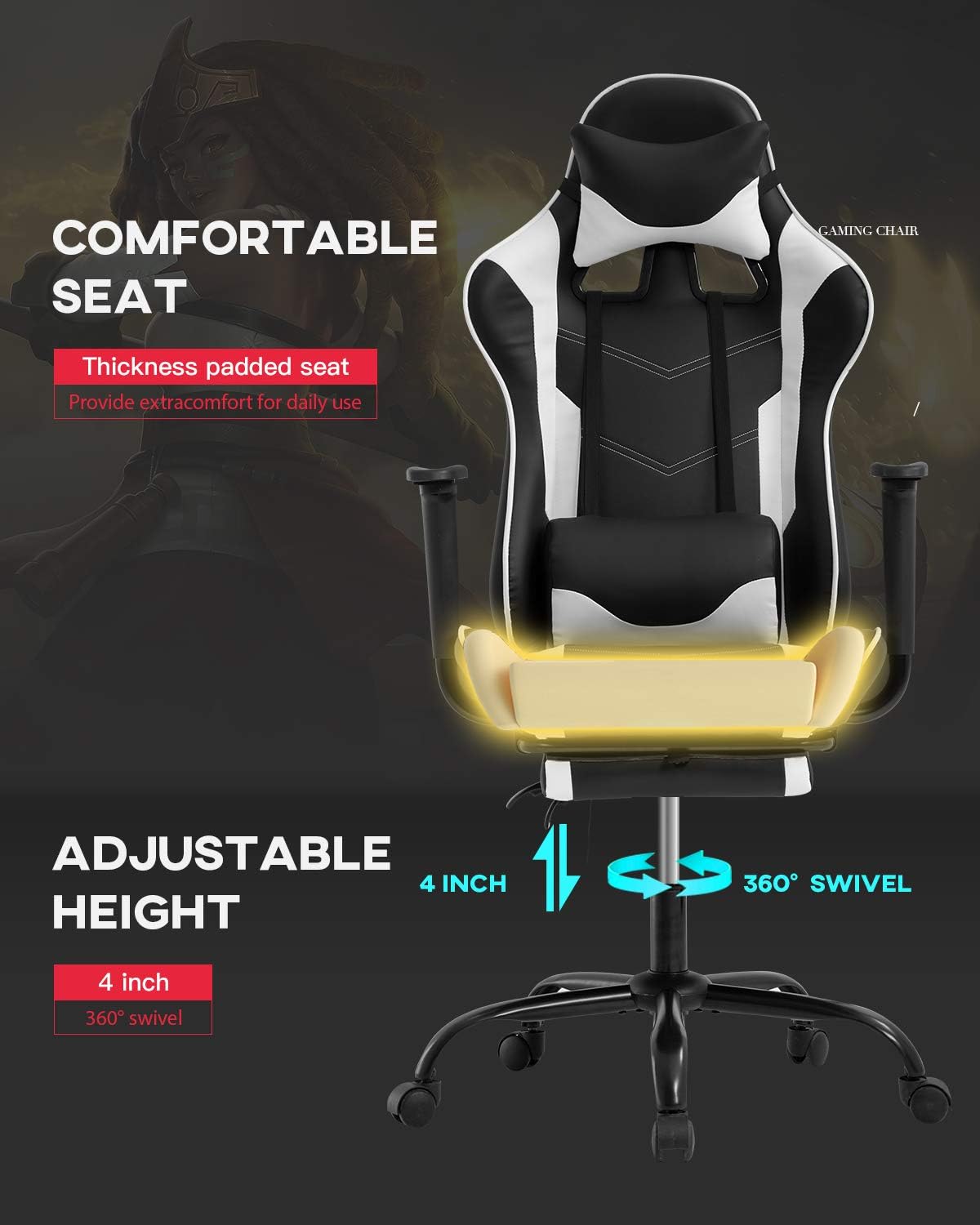 Computer Gaming Chair PC Ergonomic Office Chair Home Executive Desk Chair Adjustable High-Back PU Leather Racing Rolling Swivel Task Lumbar Support Footrest Headrest Armrest Massager