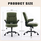 Leather Executive Office Chair - Ergonomic Computer Chair with Flip-up Arms Comfy PU Leather Home Desk Chairs Mid Back Support Adjustable Height Tilt Lock Swivel Rolling Wheels, Green