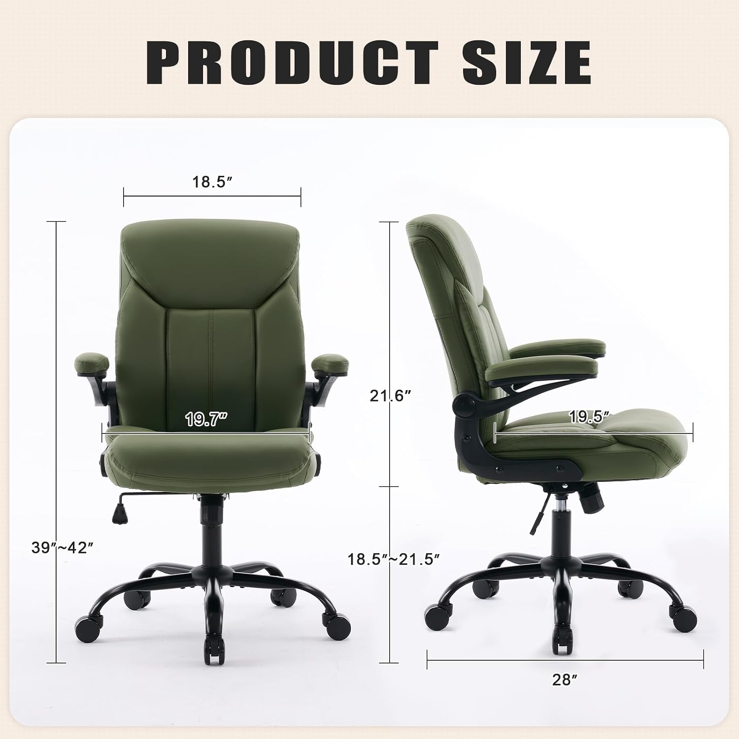 Leather Executive Office Chair - Ergonomic Computer Chair with Flip-up Arms Comfy PU Leather Home Desk Chairs Mid Back Support Adjustable Height Tilt Lock Swivel Rolling Wheels, Green