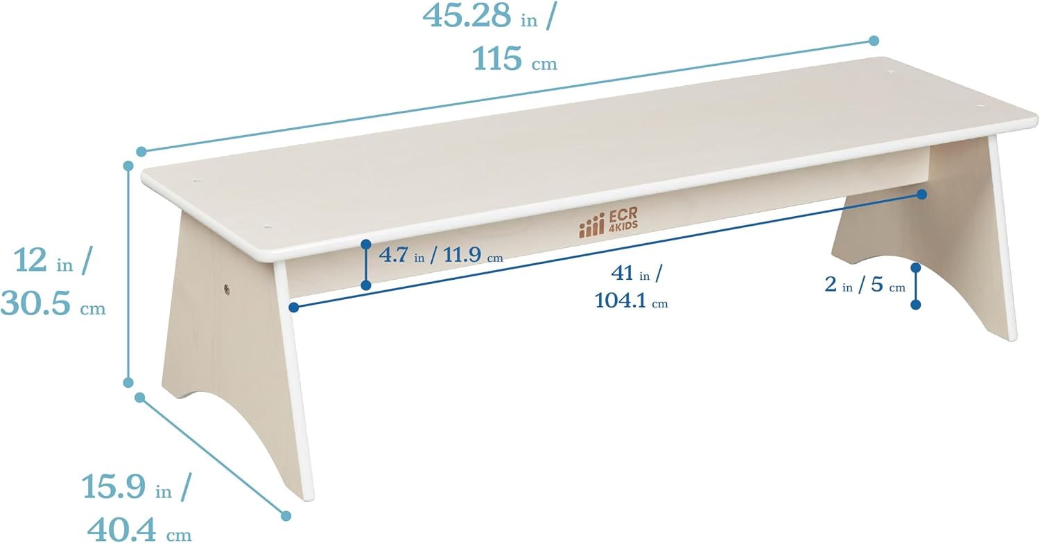 ECR4Kids Kiddo Classroom Bench, 12in Seat Height, Wooden, Children's Furniture, White Wash