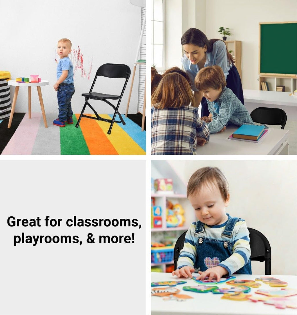 TentandTable Kids Folding Plastic Chair with Metal Frame, Lightweight Stackable Toddler Chairs for Classroom Table Desk Parties Events Weddings and Home Use, Black Pack of 4 Chairs