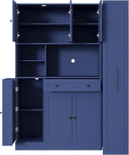 Polibi Freestanding Pantry Cabinet with Hutch & 7-Tier Pull-Out Side Cabinet, Door Shelves and Drawer, P2 MDF, Anti-Tip Safety, 52.8x17.7x70inch (Blue)