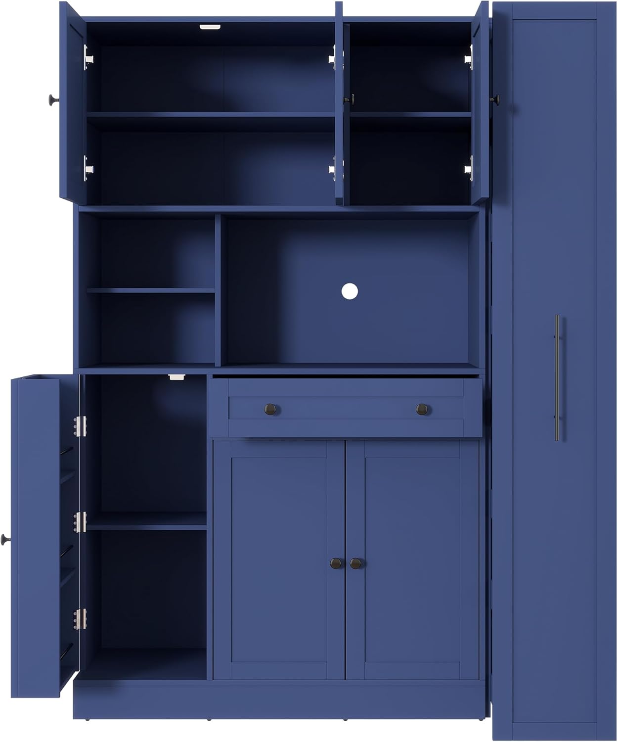 Polibi Freestanding Pantry Cabinet with Hutch & 7-Tier Pull-Out Side Cabinet, Door Shelves and Drawer, P2 MDF, Anti-Tip Safety, 52.8x17.7x70inch (Blue)