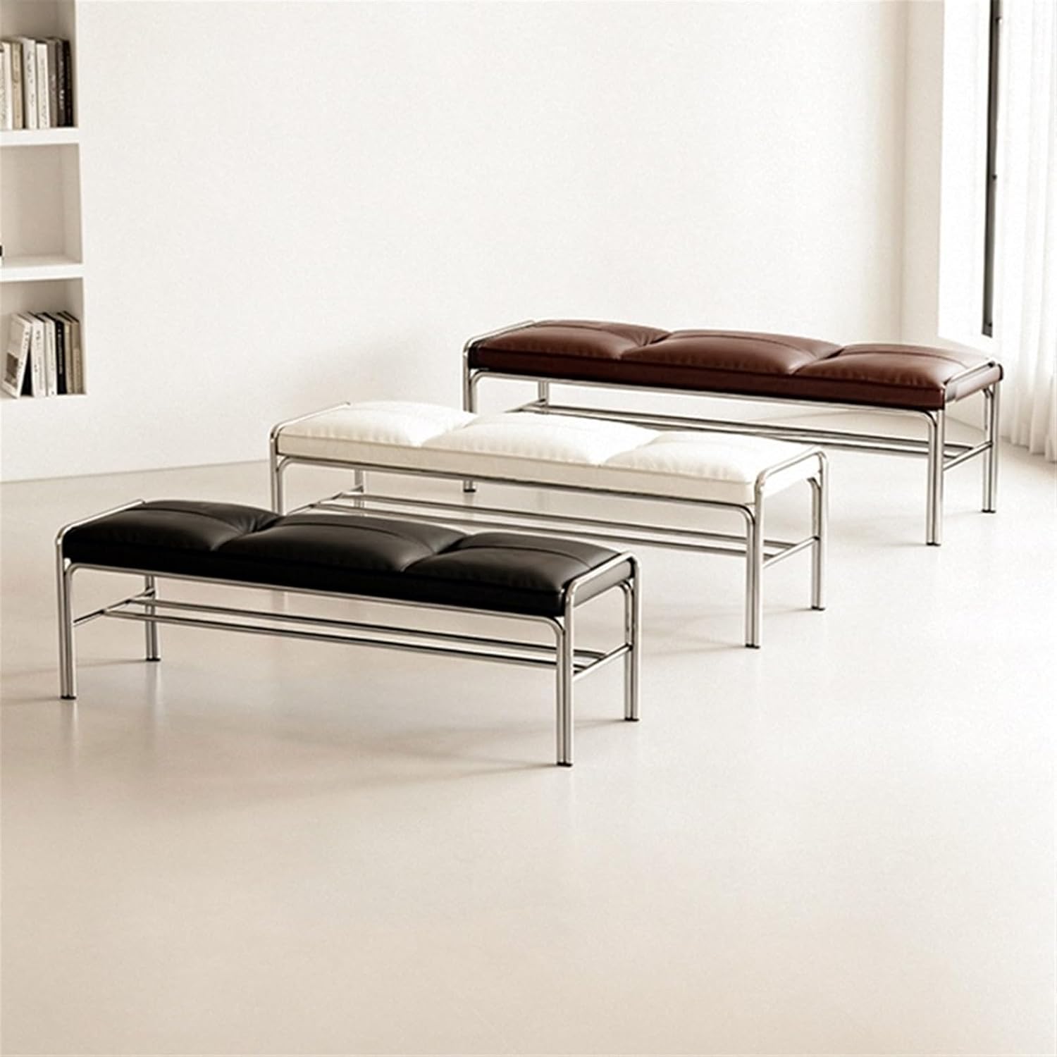 Modern Stainless Steel Long Bench with Leather Cushion Home-use Soft-Pack Shoe Changing Stool Black Entryway(Medium)
