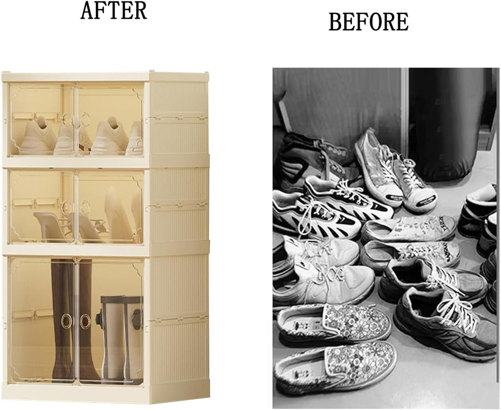 3Tier Foldable Shoe Rack Organizer for Closet,6Pairs Collapsible Plastic Shoe Shelf,Large Shoes Cabinet with Door,Clear Stackable Storage Box Easy Assembly,for Living Room(3Tier6Pairs Cream White)