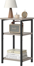 OLIXIS End Table, Small Side Table for Small Spaces, 3 Tier Tall Bedside Table with Open Shelf and Adjustable Feet for Living Room, Bedroom, Office, Dorm, Apartment, Oak Grey