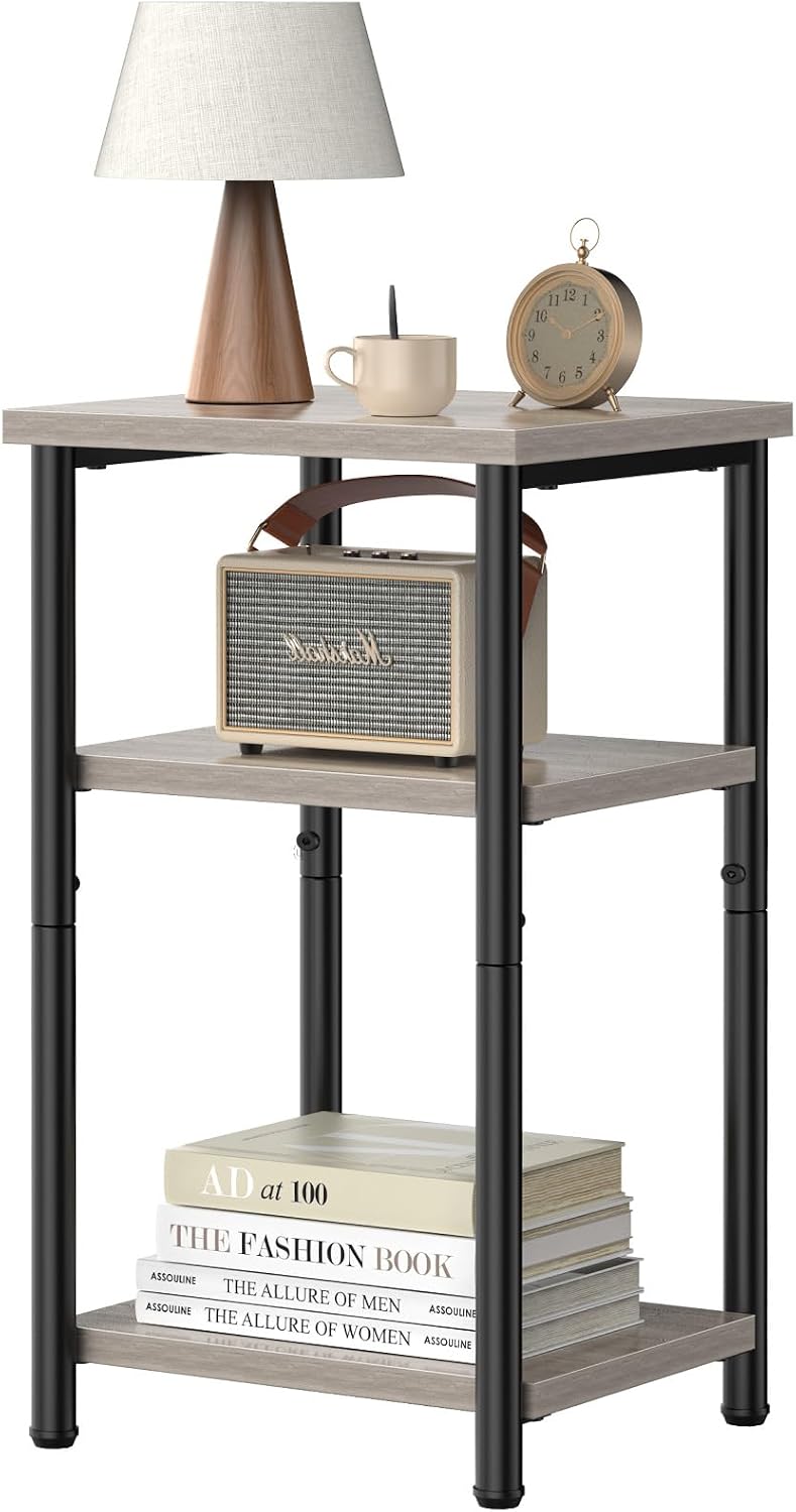 OLIXIS 3-Tier Small Side Table for Small Spaces, Bedroom Nightstand | 23'' Tall Bedside Table with Open Shelf and Adjustable Feet for Living Room, Bedroom, Office, Light Grey