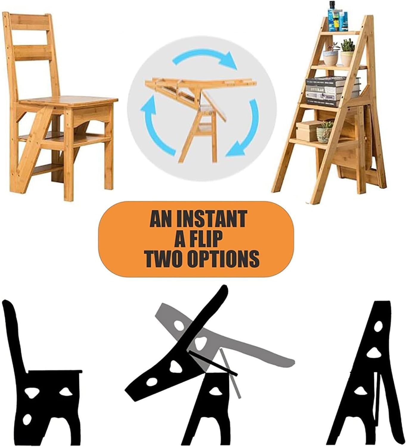 Solid Wood Folding Ladder Chair 4Step Library Ladder Convertible Step Stool Display Stand for Adults(Walnut)