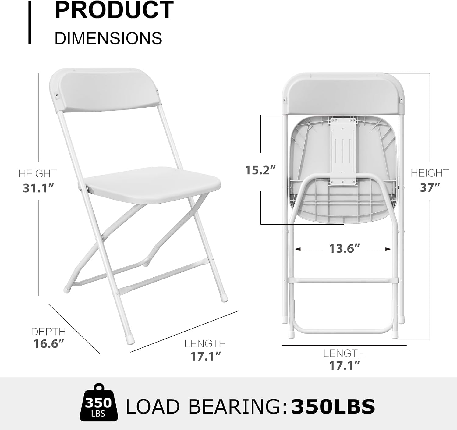 6 Pack White Folding Chairs, Portable Party Chairs, Plastic Folding Chair, Stackable Commercial Seats with Steel Frame for Office Wedding Party Patio Dinning Events, 350lbs Capacity