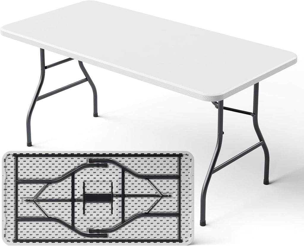 5ft Folding Table, Heavy Duty Plastic Card Table with Foldable Steel Legs, Metal Frame Support up to 500 lb, Portable for Indoor, Outdoor, Picnic, Camping, Dining, Party, White