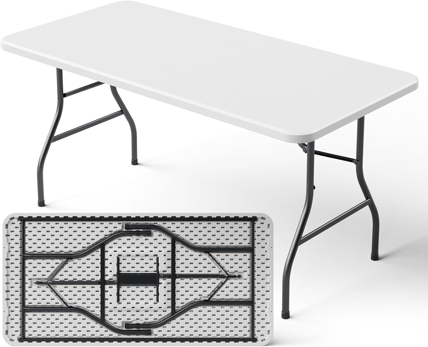5ft Folding Table, Heavy Duty Plastic Card Table with Foldable Steel Legs, Metal Frame Support up to 500 lb, Portable for Indoor, Outdoor, Picnic, Camping, Dining, Party, White