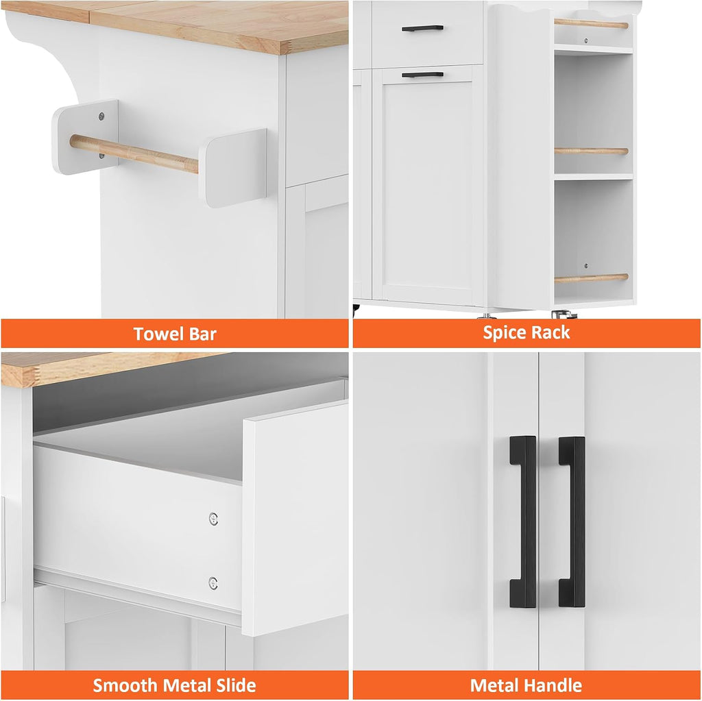 Bigbiglife Kitchen Island with Storage, 39.8" Rolling Kitchen Island Cart with Drop Leaf & Storage - Mobile Kitchen Organizer with Wheels, Rubberwood Top, Trash Can Cabinet & Towel Rack, White