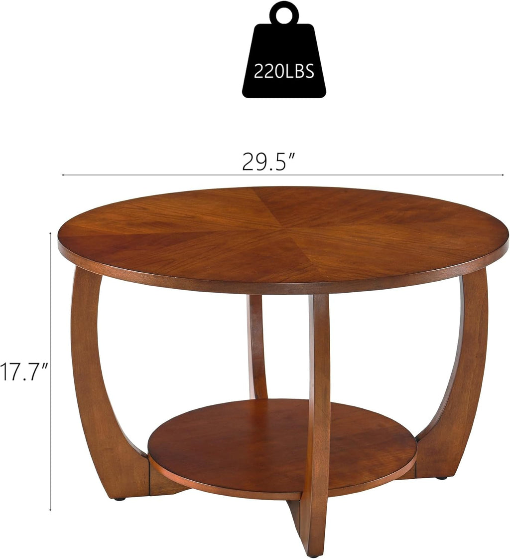 29.5" Round Coffee Table, 2-Tier Circle Coffee Table with Storage Removable Lower Shelf, Solid Wood Accent Center Table for Living Room, Curved Cross Legs & Walnut Finished, Easy Assembly, Dark Brown
