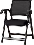 Folding Chair, Office Upholstered Folding Chair with Armrests, Stackable, Thick Cushion, Lumbar Support, Mesh Breathable Elastic Backrest, Suitable for Office, Training Room(Black)