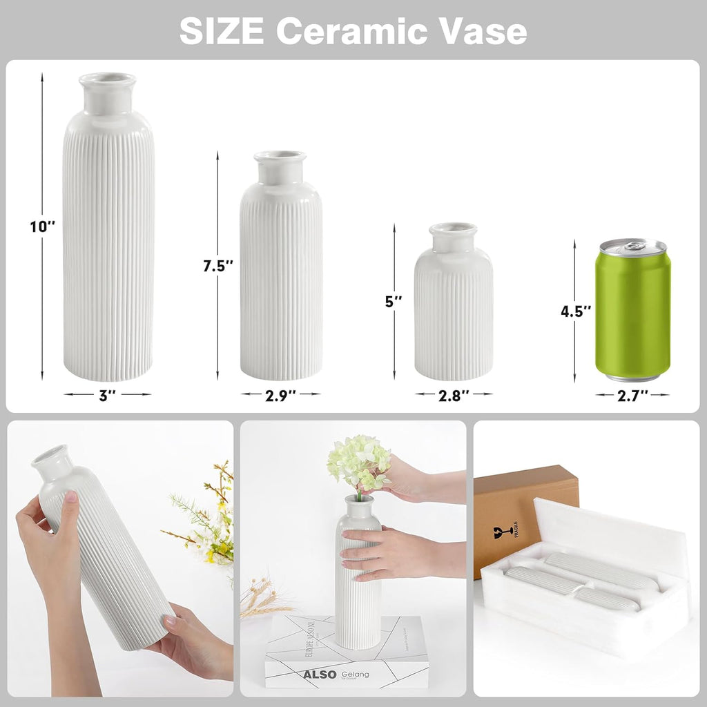 Small White Ceramic Vase Set of 3, Boho Modern White Flower Vase Room Decor, Farmhouse Decor, Vases for Your Kitchen, Bathroom, Bedroom, Living Room, Office&Shelf Centerpiece Table Decorations
