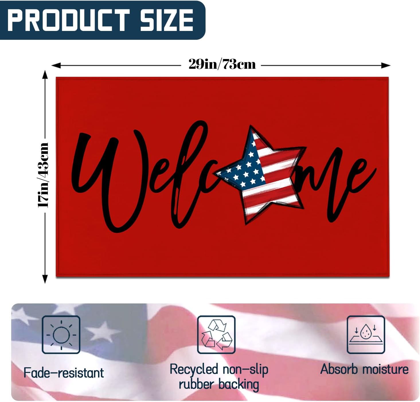 Patriotic 4th of July Doormat Red American Flag Stars,Independence Day Home Decor Memorial Day Doormat Anti-Slip Rubbe for Indoor Outdoor Decorations 17x29 Inch