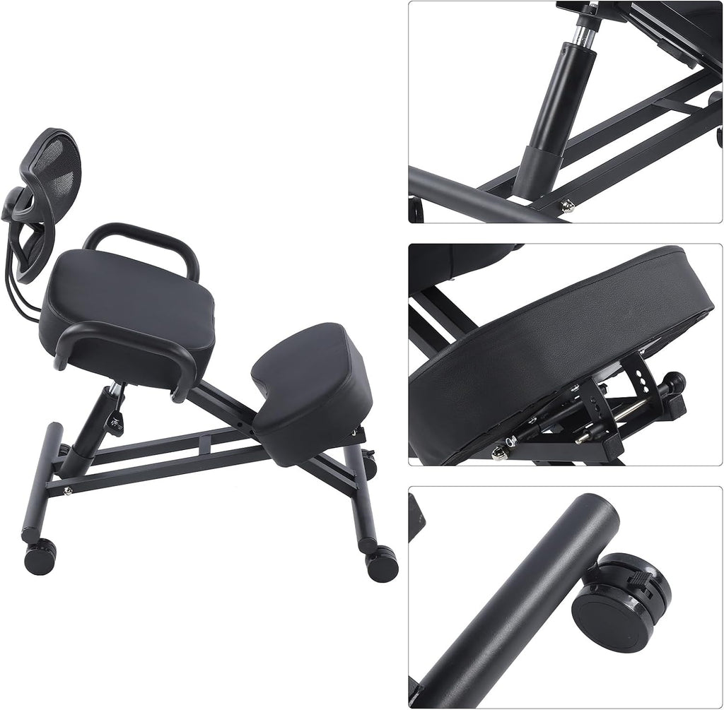 Ergonomic Height Adjustable Breathable Kneeling Chair Back Support Kneeling Chair with Leather Cushion Comfortable Mesh Backrest, Spine Alignment Support