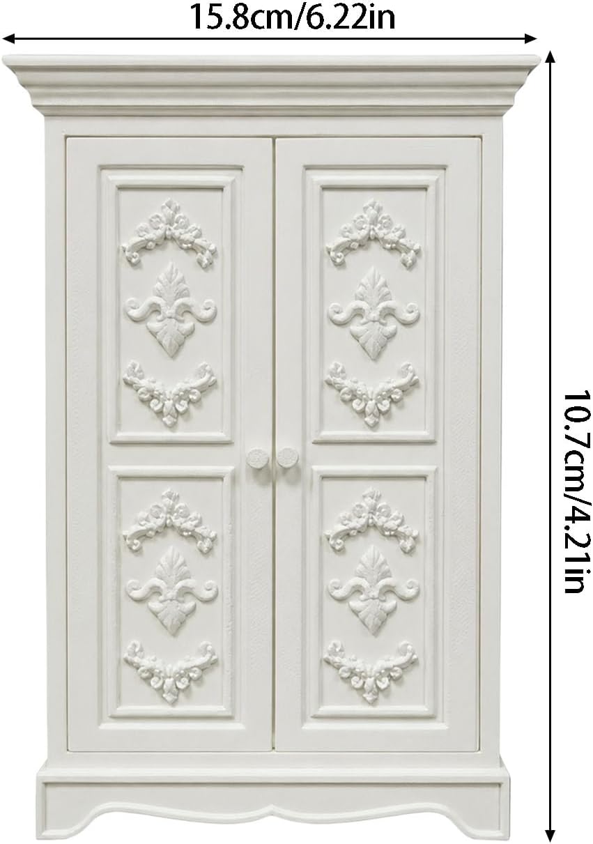 Small-Scale Wardrobe Furniture, French Inspired Double Door Armoire with White Relief Panels for Bedroom Display and Room Box Decor Small Scale Wardrobe French Armoire Double Door Cabinet White Relief