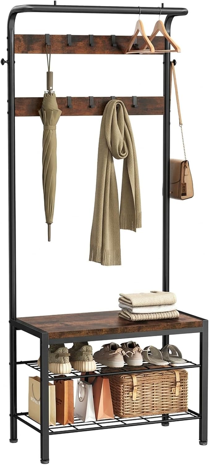 OLIXIS Hall Tree, Entryway Bench with Shoe Storage and Hooks, Shoe Bench and Coat Rack, 4-in-1 Coat and Shoes Rack for Entryway, Mudroom Storage Organizer with Shelves, Rustic Brown