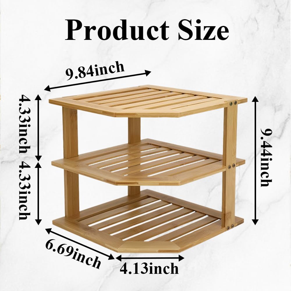 AKAZA 3-Tier Corner Shelf Counter and Cabinet Organizer - Steel Metal Wire - Rust Resistant (Bamboo)
