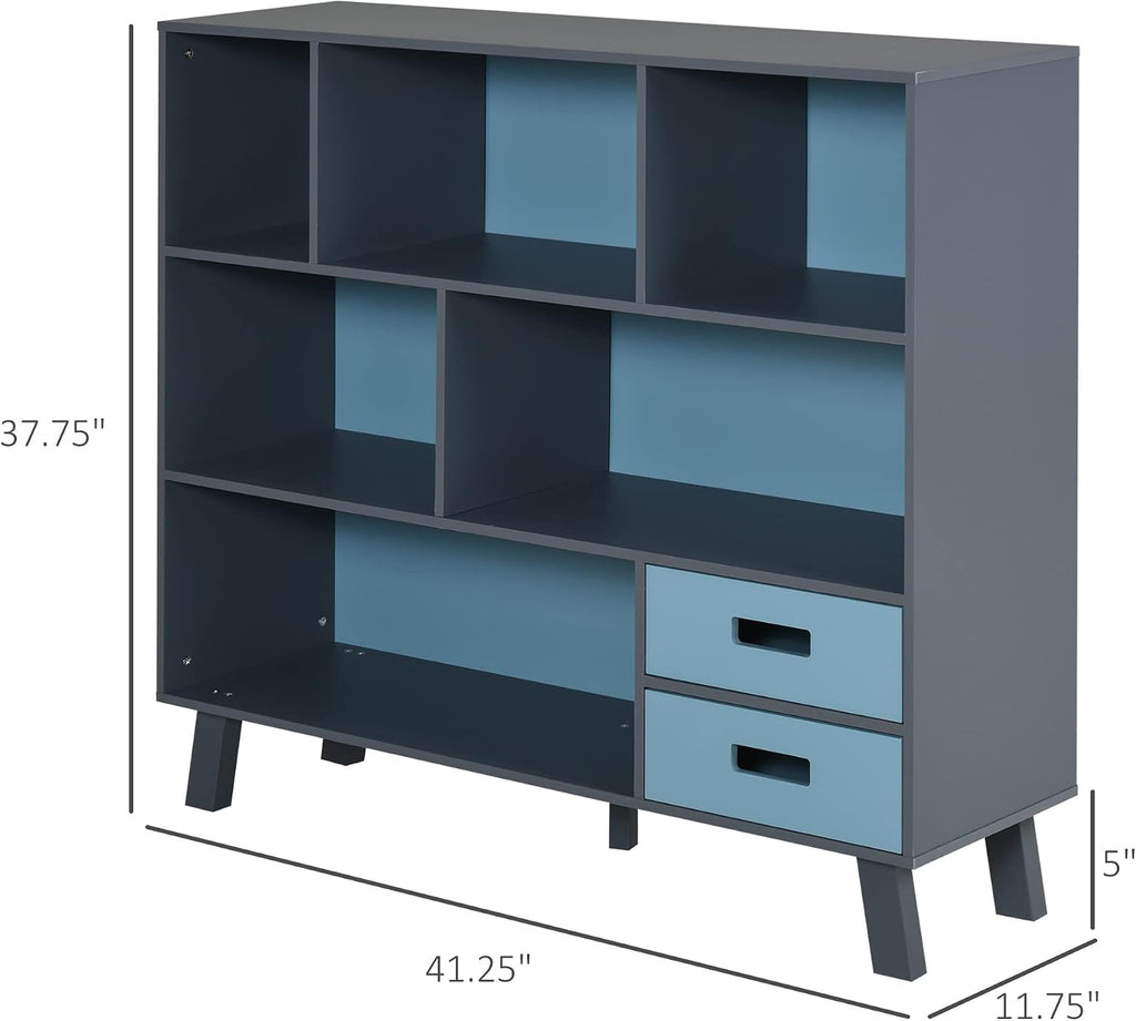 3 Tier Child Bookcase Open Shelves Cabinet Floor Standing Cube Storage Organizer with Drawers Dark Blue