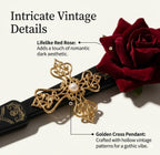 Gothic Lace Folding Hand Fan with Red Rose & Cross, Vintage Black Floral Fan for Lolita, Cosplay, Halloween, and Wedding, Elegant Victorian Style Fan for Women