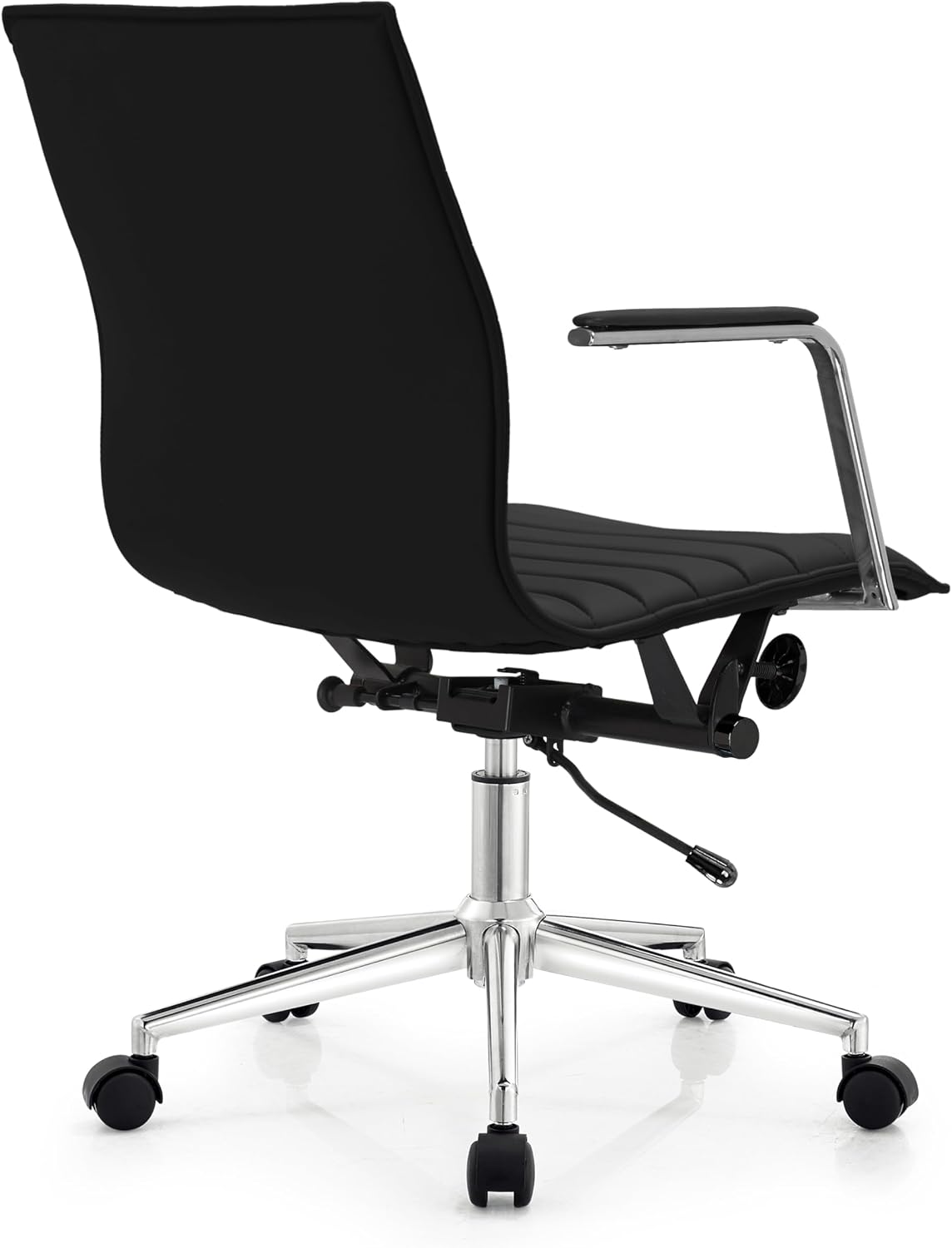 2xhome Modern Office Chairs | Upholstered PU Leather Ribbed Mid Back with Metal Frame | Adjustable Height, Tilt Lock | Computer Desk Chair, Meetings Parent (2, Grand Black, Armchair)