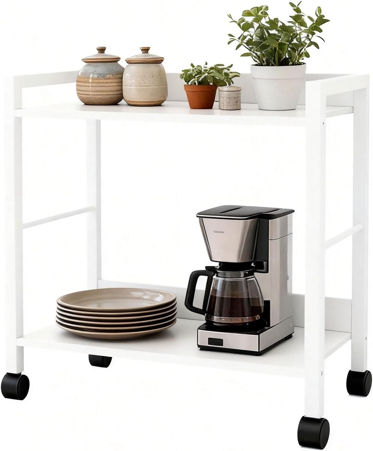 Rolling Side Table & Nightstand, 2-Tier Industrial Sofa Table with Wood Shelves on Wheels, Mobile End Table, Small Storage Cart for Living Room, Bedroom, Office.White