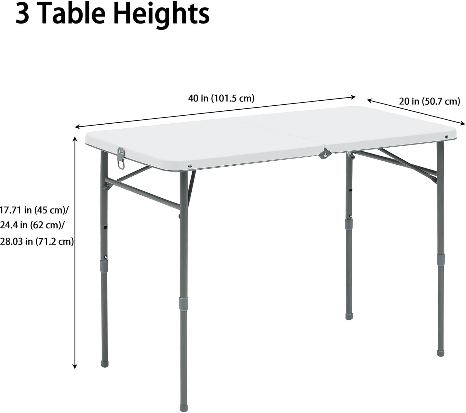 40" L x 20" W Plastic Adjustable Height Fold-in-Half Folding Table, White