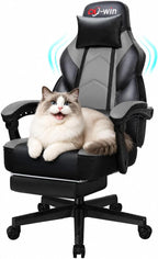 DL-win Gaming Chair for Adults with Footrest, Ergonomic Computer Gamer Chair with Massage Lumbar Support, High Back Reclining Gaming Chair, Adjustable Swivel Desk Chair for Home Office, Grey