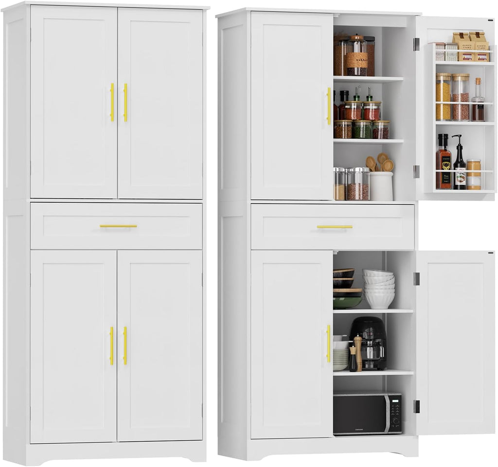 70.9" Tall Pantry Cabinet, Kitchen Pantry Storage Cabinet, Freestanding Food Pantry Cabinet with 4 Doors and Adjustable Shelves, Cupboard with Drawer for Kitchen, Living Room, White