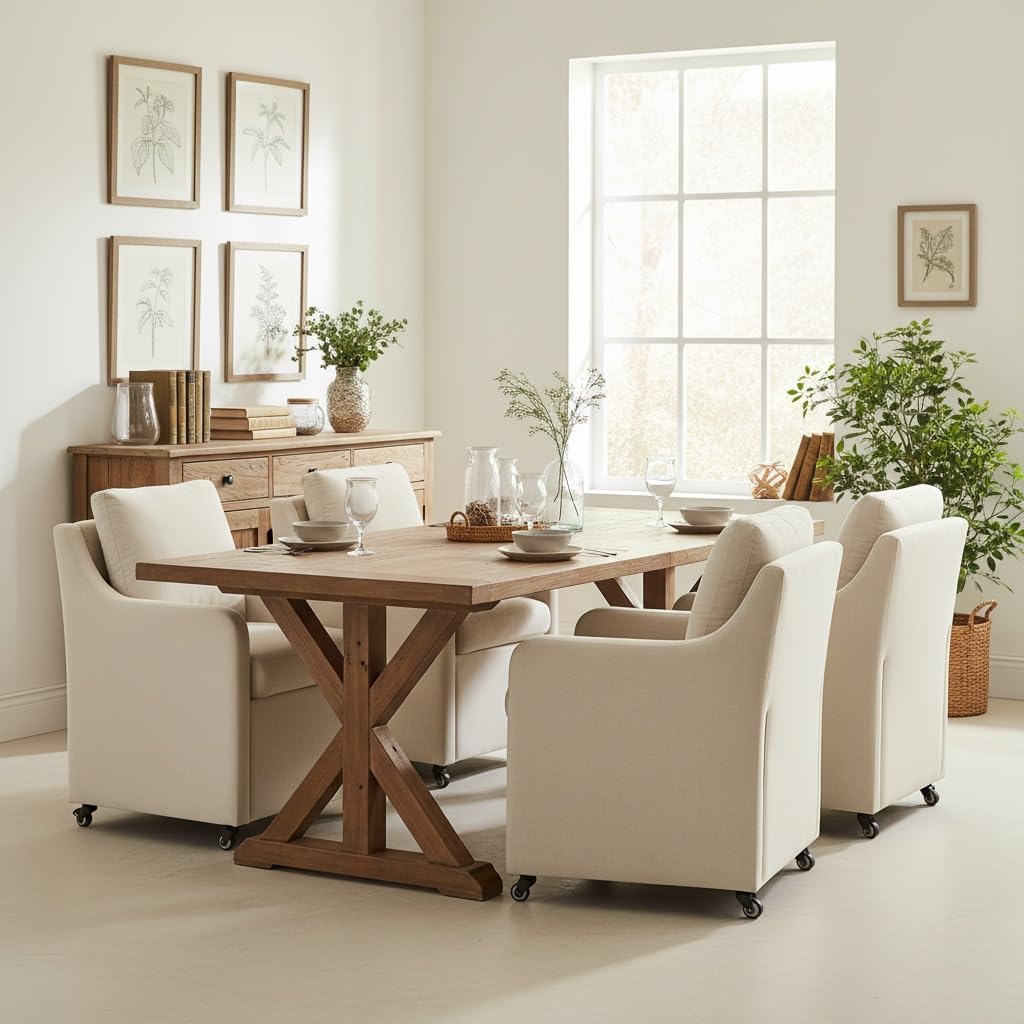 Rolled Dining Chair with Casters, Upholstered Modern Rolling Armchair with Wheels for Kitchen (1, Fabric Beige)