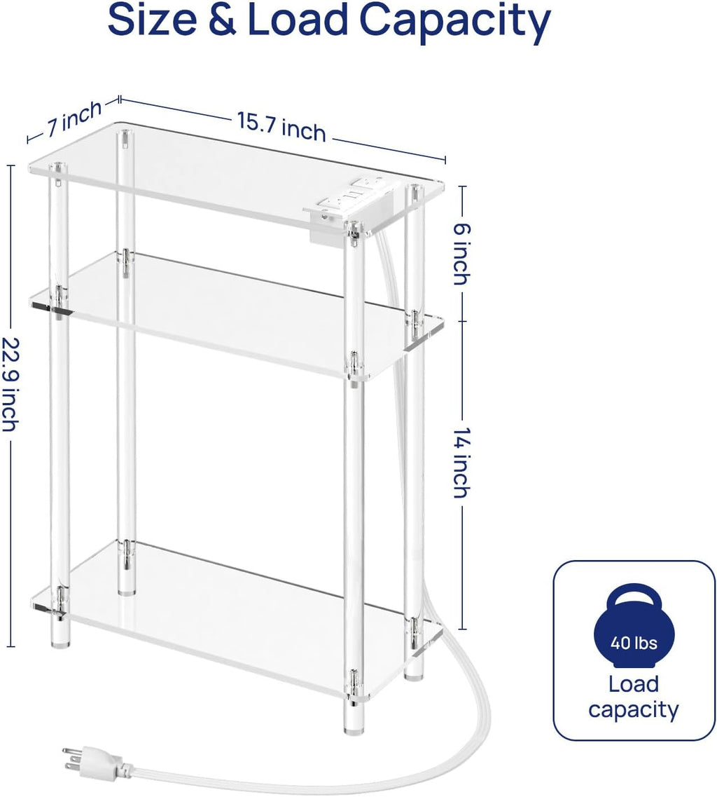 HMYHUM Acrylic Narrow Side Table with Charging Station, 7" Width, 3 Tier Small End Table for Small Spaces, Skinny Nightstand/Bedside Table with USB Ports & Outlet, Clear
