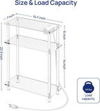 HMYHUM Acrylic Narrow Side Table with Charging Station, 7" Width, 3 Tier Small End Table for Small Spaces, Skinny Nightstand/Bedside Table with USB Ports & Outlet, Clear