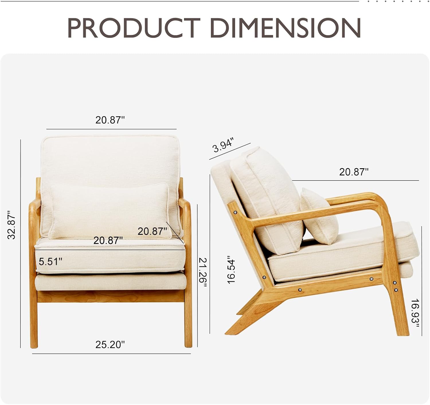 MALOL Accent Chair Set of 2 with Solid Wood Frame, Mid-Century Relaxing Armchair Lumbar Pillow& Soft Cushion, Reading Leisure Chair for Living Room, Bedroom, Waiting Room-Beige