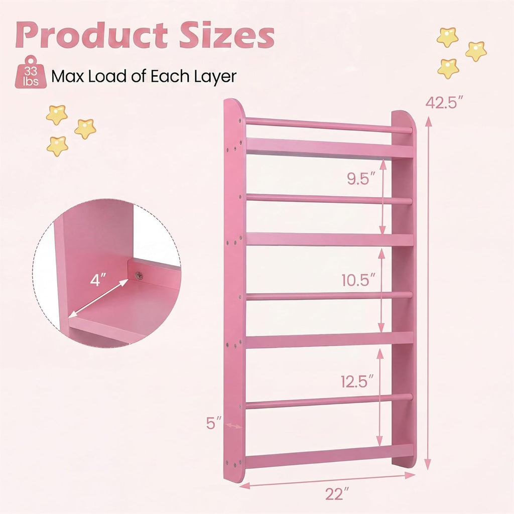 HONEY JOY Kids Bookshelf, Wall Mounted Shelf with Basswood Crossbar & Raised Edge, 4-Tier Bookshelf Organizer for Toys and Books, Space-Saving Wall Book Rack for Bedroom, Living Room, Nursery (Pink)