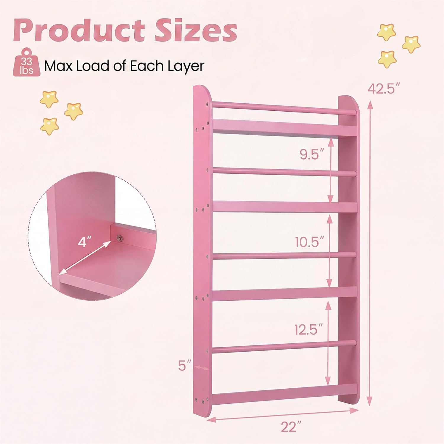 HONEY JOY Kids Bookshelf, Wall Mounted Shelf with Basswood Crossbar & Raised Edge, 4-Tier Bookshelf Organizer for Toys and Books, Space-Saving Wall Book Rack for Bedroom, Living Room, Nursery (Pink)