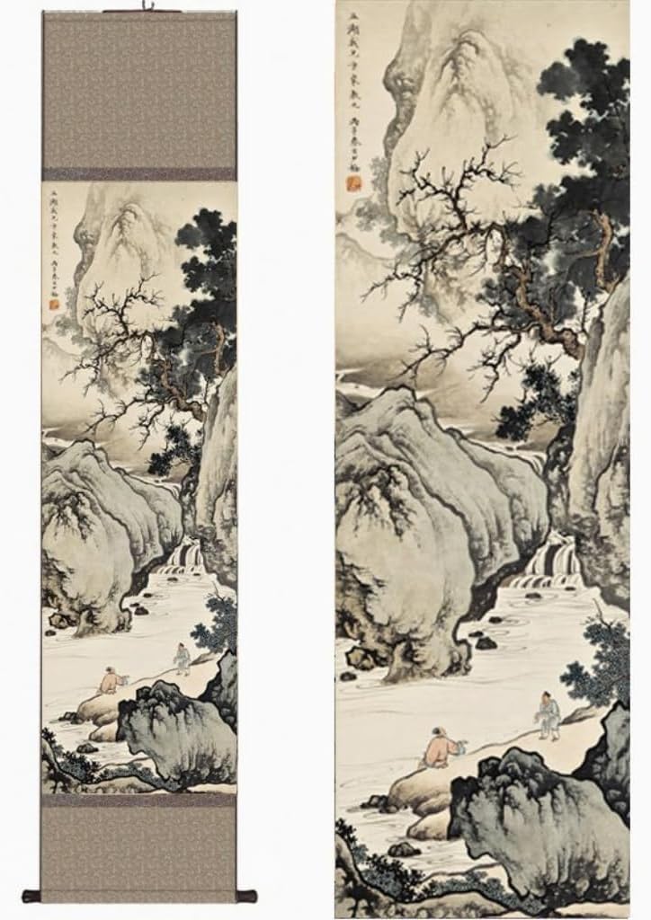 JSJTAMUS Chinese Landscape Painting Decor, Ink Painting Wall Art, Wall Hanging Scroll with Wood Frame, Oriental Wall Art, Asian Art Wall Decor, Zen Home Decor Aesthetic (F06)