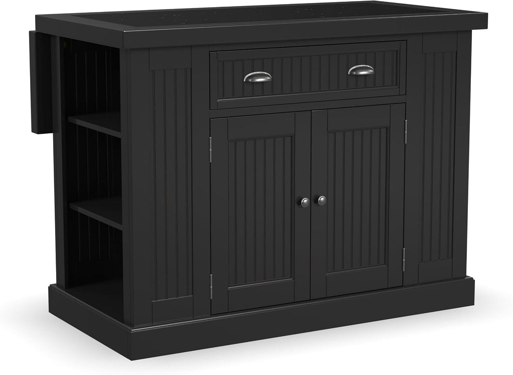 Homestyles Nantucket Distressed Black Kitchen Island with Black Granite and Wood Drop Leaf Breakfast Bar, 48"W
