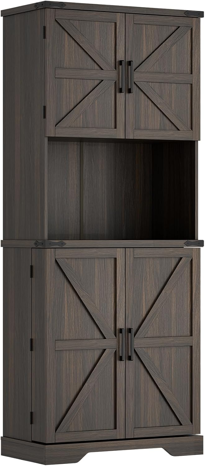 Cozy Castle 74" Farmhouse Pantry Cabinet with Charging Station, Tall Kitchen Storage Hutch Cabinet Coffee Bar Workstation, Sideboard Buffet Cupboard for Dining Room Living Room Furniture, Dark Brown
