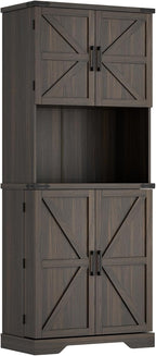 Cozy Castle 74" Farmhouse Pantry Cabinet with Charging Station, Tall Kitchen Storage Hutch Cabinet Coffee Bar Workstation, Sideboard Buffet Cupboard for Dining Room Living Room Furniture, Dark Brown