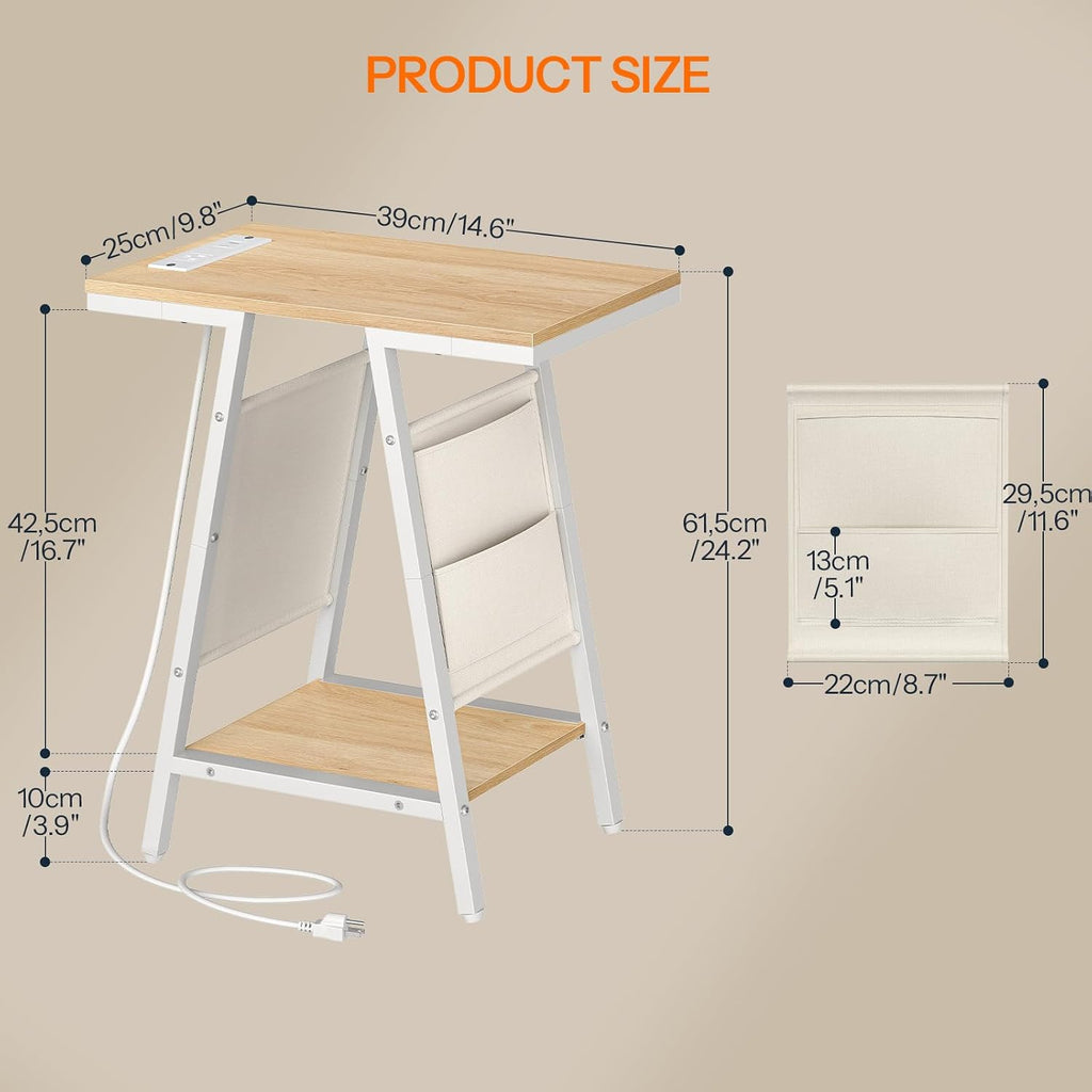 HOOBRO Side Table, Narrow End Table with 2-Tier Storage, Small Side Table with Charging Station, Fabric Pockets, Nightstand for Small Spaces, Living Room, Bedroom, White and Natural WN426UBZ01