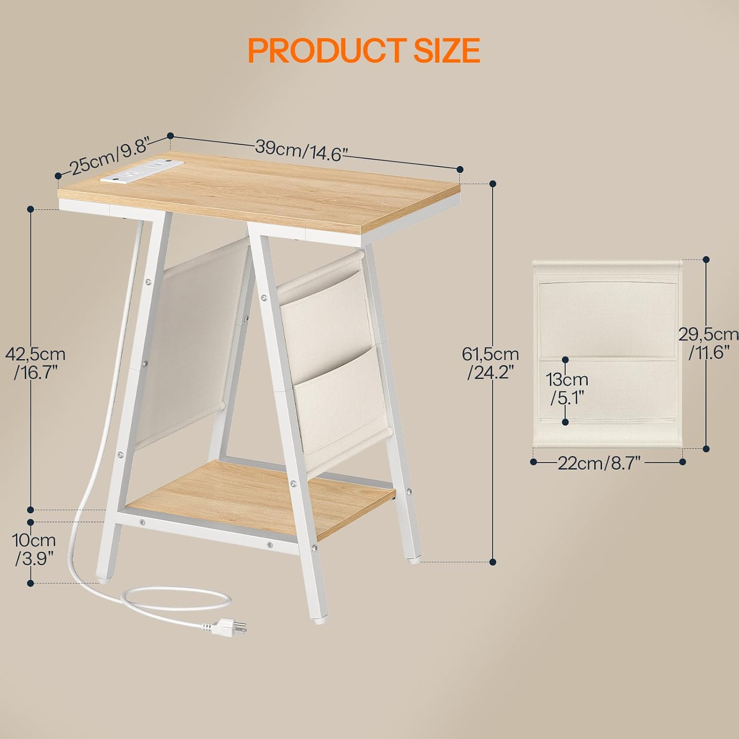 HOOBRO Side Table, Narrow End Table with 2-Tier Storage, Small Side Table with Charging Station, Fabric Pockets, Nightstand for Small Spaces, Living Room, Bedroom, White and Natural WN426UBZ01